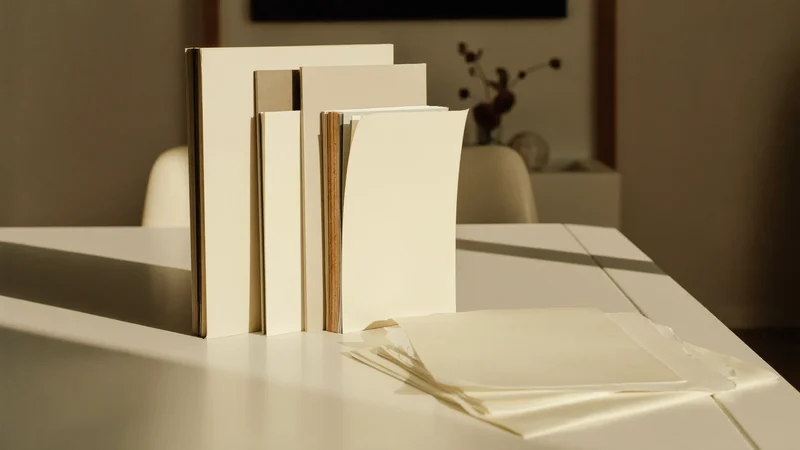 Blanko-Notizbücher und Skizzenbücher neben losen cremefarbenen Papierbögen auf weißem Tisch