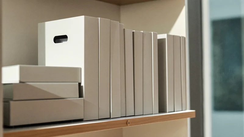 Neutrale Archivboxen und Ringbinder im Regal neben einem schlichten Schreibtischorganizer