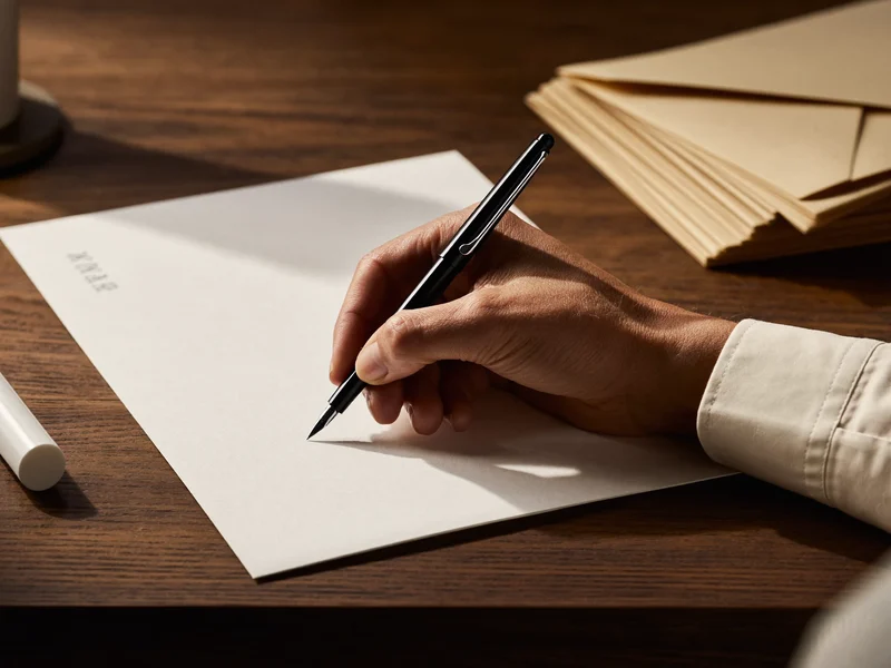 Hände schreiben mit Füller auf leerem Papier an einem aufgeräumten Schreibtisch