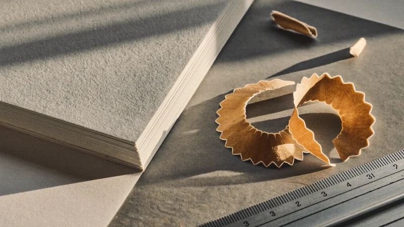 Makroaufnahme von Papierkanten, Bleistiftspänen und Metalllineal auf einer Arbeitsfläche